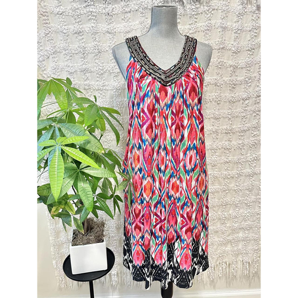 NY Collection Colorful Ikat  tribal hippie sleeveless v-neck beaded sheath sleev - Picture 3 of 8